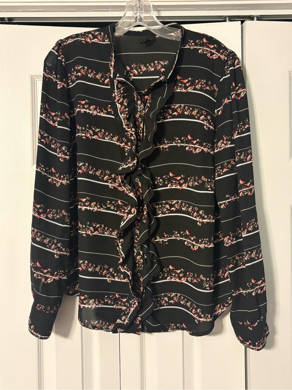 Black Floral & Bird Print Ruffle-Front Long Sleeve Blouse